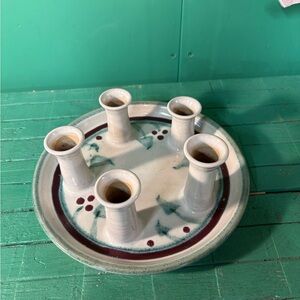 Artisan Ceramic Candle Holder - Cream and Green